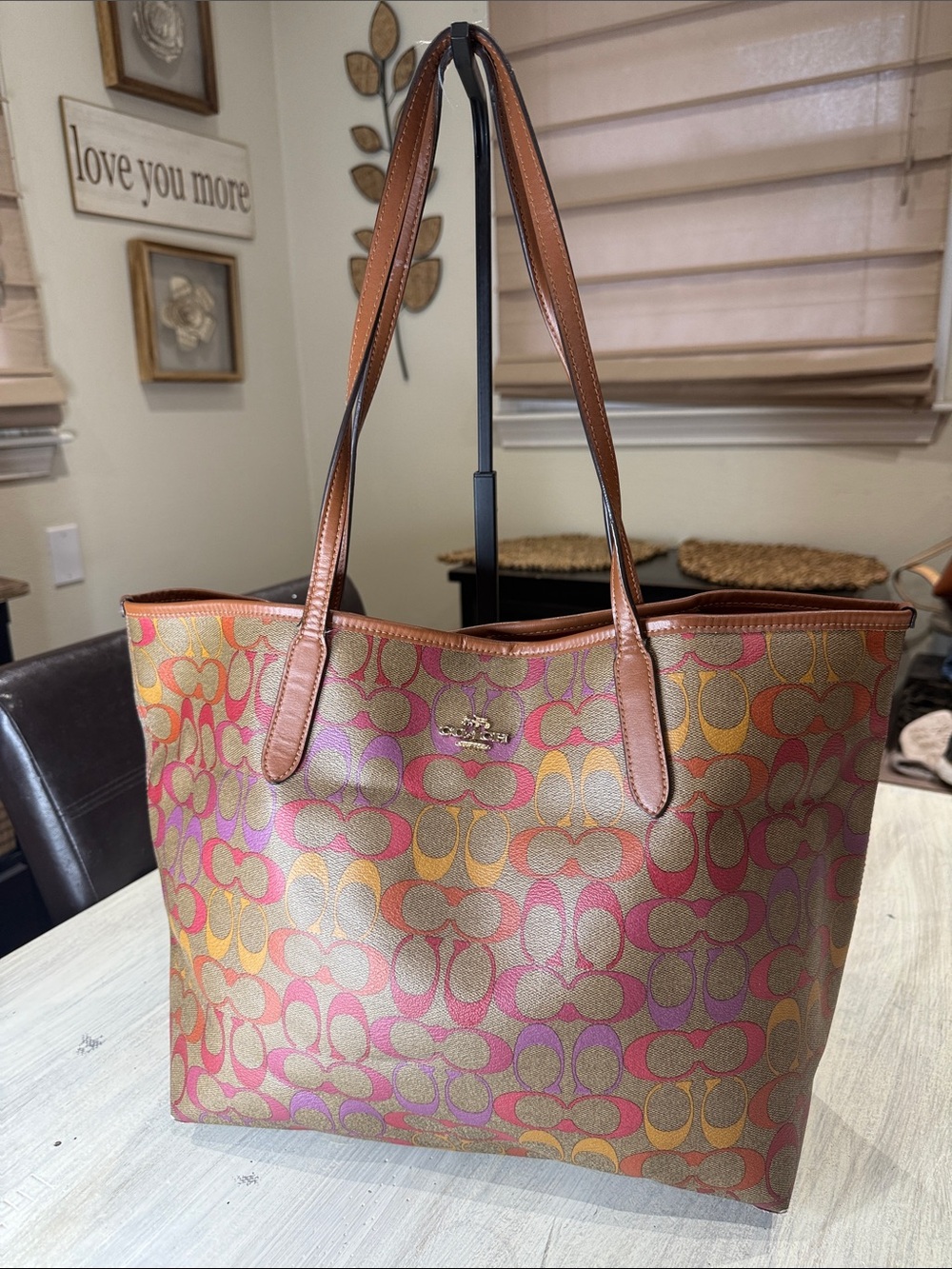 Coach Multicolor Signature Tote with Tan Leather Trim